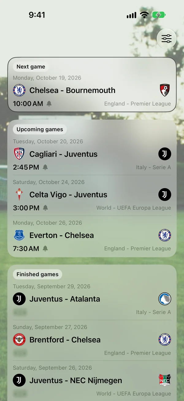 The main list: the next game, upcoming games, and finished games with their scores hidden