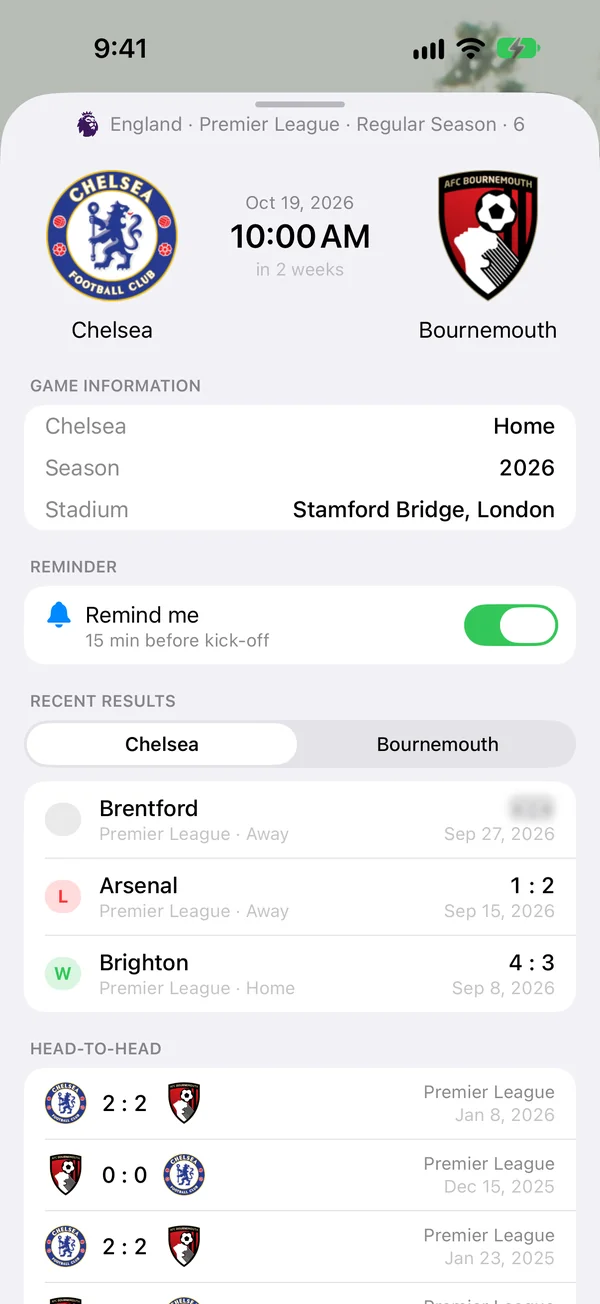 An upcoming match: kick-off time and countdown, stadium, reminder, recent results and head-to-head