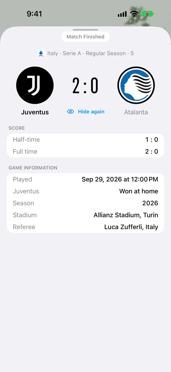 A finished match with its score revealed, half-time and full-time, and a Hide again button