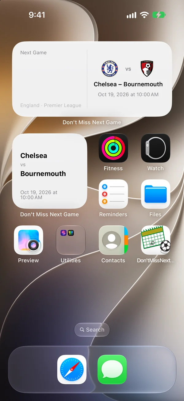 The Home Screen with a medium and a small Don't Miss Next Game widget showing the next match
